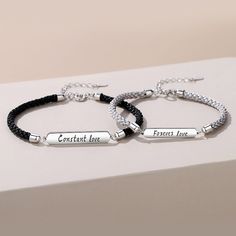 This Engraved Name Plate Promise Bracelets Set for Couples is a best and affordable distance relationship Anniversary, Christmas and Birthday Gift for Him and Her. Material: Anti-allergic 3 Layer 14k White Gold Plated 925 Sterling SilverConstant Love Bracelet length: 17+4cmForever Love Bracelet length: 15+4cmPersonalization: Back of the Bracelets can be custom engraved in any language.Package includes: 2 x Bracelets + 1 Exquisite Gift Box + 1 Gift Card Promise Bracelets, Bracelets For Couples, Relationship Anniversary, Relationship Bracelets, Promise Bracelet, Bracelets Set, Love Bracelet, Couple Bracelets, Distance Relationship