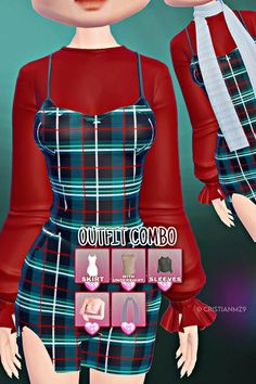 the girl is wearing a red shirt and plaid skirt with her hands on her hips