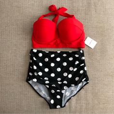 Stand Out In This Gorgeous Cherry Cat Premium Two Piece Bikini. The Top Features An Underwired Style With Halter Strap, While The High-Waisted Bottom Boasts A Playful Polka Dot Pattern. Made Of A Blend Of Polyester, Nylon, And Spandex, This Bikini Is Comfortable And Durable. It Comes In A Multicolor Design And Is Perfect For A Fun Day At The Beach Or By The Pool. Hand Wash Only For Best Care. Retro Red Triangle Top Swimwear, Retro Black Swimwear For Beach Season, Pinup Swimwear For Beach Season, Red Padded Swimwear For Summer, Fitted Red Swimwear With Padded Cups, Jcrew Swim, Halter Top Bathing Suits, Black And White Swimsuit, Swim Season