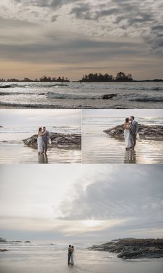 two people are standing in the water at the beach with their arms around each other