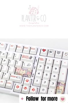 a white keyboard with stickers on it and the words follow for more written below