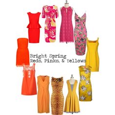 Bright Spring Reds, pinks, & yellows Bright Spring Dress, Paintbox Spring, Wardrobe Color Guide, Spring Swimsuit, Colour Analysis