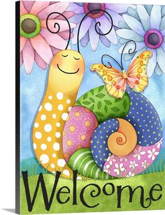 a card with an image of a snail and flowers in the grass, one has a butterfly on its back