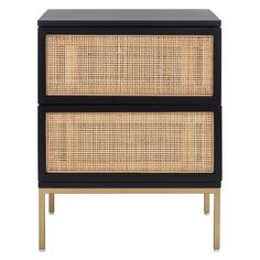 two wicker drawers with black legs and one drawer on each side, against a white background