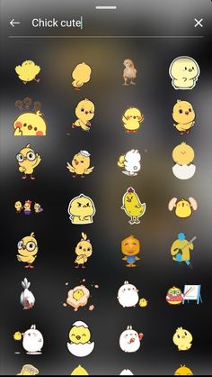 an iphone screen showing the different emoticions on its display, including chick cuties