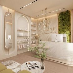 the interior of a beauty salon with white walls and marble counter tops, plants in vases