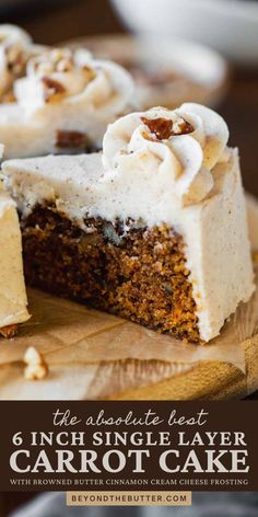 a close up of a slice of carrot cake on a plate with the title text above it