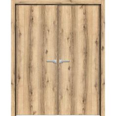 a wooden door with two metal handles on the front and side doors, both in light wood