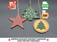 three wooden christmas ornaments with different designs and colors, one is shaped like a tree