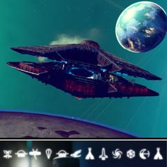 an image of a space ship flying in the sky next to a planet with two people on it