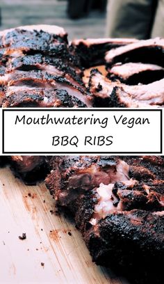 there is a large piece of meat on the cutting board with text overlay that reads mouthwatering vegan bbq ribs