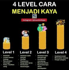 four stacks of coins with the words 4 level cara menjadi kaya