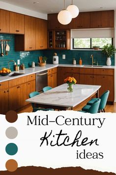 the mid century kitchen is filled with teal and brown accents