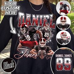 Score big with our Custom Sports Shirts! Whether you're a proud Football Mom, a golf enthusiast, or looking for the perfect birthday gift for Dad, these personalized sports tees are a winning choice. Customize with photos, team names, or favorite players to create a unique shirt that celebrates your love for the game. Ideal for sports teams, football players, or as a special gift for your son, these custom shirts are designed to showcase your sports spirit in style. Perfect for any sports fan or proud parent, these shirts are more than just apparel--they're memories you can wear! 🎉 Product details: - Relaxed fit, size up for oversized look. - Color may vary due to lighting or monitor settings. - Sizing has a tolerance of + or - 1 inch.   🎉 Care instructions: - Wash inside out in cold/war Football Playoff Shirts, Football Championship Shirt Ideas, Black Sports Fan Graphic Sweatshirt, Black Graphic Print Sports Fan Sweatshirt, Team Spirit Sweatshirt With Custom Print For Sports Events, Black Sweatshirt With Letter Print For Team Events, Custom Print Tops For Team Events During Sports Season, Custom Print Tops For Team Events And Sports Season, Custom Print Tops For Sports Season Team Events