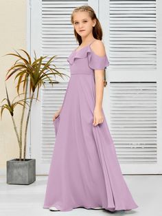 This refined chiffon junior bridesmaid dress features a glamorous wavy neckline. Its distinctly elegant design combined with quality craftsmanship make it the perfect choice for special events. Orange Orchid, White Wisteria, Junior Bridesmaid Dress, Junior Bridesmaid Dresses, Junior Bridesmaid, Dress Purchase, Wisteria, Pink Brown, Different Fabrics