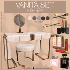 vanity set with stool, mirror and lipstick bottles on display in front of it's own name