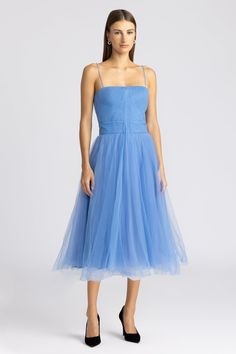 With a pleated tulle bodice, this dress is party-ready. Crafted in a Marine hue tulle, the flattering ballerina neckline is suspended with adjustable pin-thin straps and offset with a airy, layered midi-length skirt. Tulle Bodice, Pleated Tulle, Tulle Midi Dress, Cocktail Gowns, Midi Length Skirts, Zac Posen, Midi Length, Dresses For Sale, Bodice