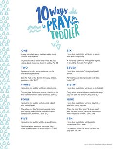 the 10 ways to pray for toddler poster is shown in blue and green colors