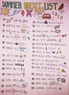 the summer bucket list is written on a pink paper with colorful doodles and words