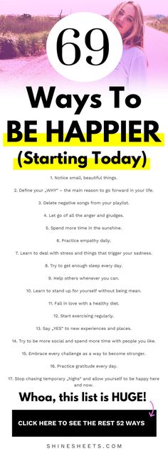 How to be happy? Or at least - how to be happier than you are right now? Click to get a list of 69 simple ways to become happier, and start to improve your mood today - in a gentle & self-compassionate way. | ShineSheets.com | How to be happy with yourself, How to be happy again, How to be happy when you're not, Be happy every day, Be a happier person, How to be happier tips, How to find happiness, How to live a happy life, #happy #happiness #behappy #behappier #personaldevelopment #mentalhe Pandora Room, Happy Captions, Happy Calligraphy, Happy Tattoo, Happy Aesthetic, How To Become Happy, Positivity Motivation, Happy Alone, Quotes Relationships