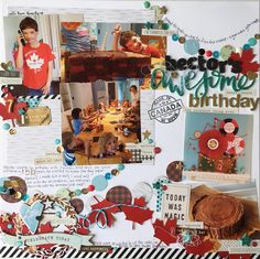 a scrapbook page with many pictures and words on it, including an image of a boy in red shirt