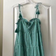 Jcrew Green And White Gingham With Eyelet Design. Straps Are Adjustable As Is Area Around Bust- There Is A Tie As Well As Elastic For Fit. Not Lined But Not See Thru. Measures 47 Inches Long And 15 Inches Across From Armpit To Armpit When Flat And Not Stretched. Fits Oversized. Perfect Summer Dress! Brand Nwt! Sleeveless Gingham Dress With Tie Back, Summer Gingham Dress With Button Closure, Green Gingham Dress, Spring Gingham Plaid Dress With V-neck, Beach Gingham V-neck Dress, Floral Print Dress Summer, Skort Dress, White Shift Dresses, J Crew Dress