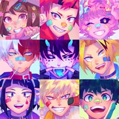 the many faces of an anime character with different hair colors and makeup looks like they are smiling