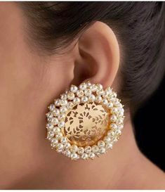 A designer piece which can go well with both Indian and western wear  The Victorian studs are handcrafted in brass and gold polish with beautiful pearls embedded on a statement gold base. Pick this gorgeous pair and make a stunning statement! Shine away at your next special event The diameter is 3.5 inches approximately. Push back closure. One Gram Gold Earrings, Gold Jhumka Designs, Jhumka Earrings Gold, Traditional Jhumka, Earrings Latest, Gold Jewellery Collection, Gold Jhumka, Jhumka Designs, Gold Jhumka Earrings