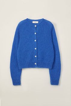 UNISEX CREWNECK KNIT CARDIGAN French Winter Fashion, Blue Cardigan Outfit, Austrian Fashion, Royal Blue Cardigan, Royal Blue Jacket, Button Up Cardigan, Blue Cardigan, Vibrant Blue, Knit Cardigan