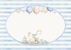 a blue and white striped background with balloons in the shape of an elephant, teddy bear and other items