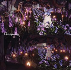 a scene from the animated movie tangled with fairy lights and purple flowers, surrounded by butterflies