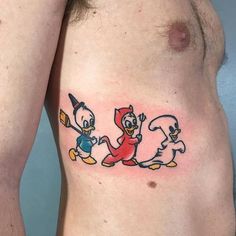 a man with a tattoo on his chest holding a baseball bat and two other cartoon characters