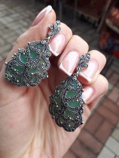 Huge green marcasite silver earrings and huge ring | Etsy Green Pierced Jewelry For Party, Exquisite Green Round Jewelry, Jade Jewelry For May Birthstone Gift, Exquisite Sterling Silver Drop Earrings, Exquisite Silver Dangle Jewelry, Green Oval Jewelry For Party, Formal Green Nickel-free Earrings, Exquisite Green Emerald Jewelry, Green Pendant Earrings For Wedding