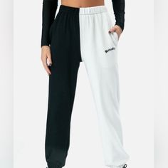 Half Black Half White Sweatpants Like Brand New Black Cotton Pants With Contrast Color, Sporty White Bottoms With Contrast Color, Casual Loungewear Bottoms With Contrast Color, High Waist Pants With Contrast Color, Casual Black Pants With Contrast Color, White Cotton Bottoms With Contrast Color, Black Bottoms With Contrast Color, White High Waist Casual Sweatpants, Casual High Waist White Sweatpants