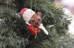 a brown teddy bear ornament hanging from a christmas tree with red and white decorations