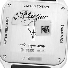 Cartier Santos Dumont Le Bresil Platinum Limited Edition Mens Watch WGSA0034 Box Card. Manual winding movement. Platinum case 43.5 mm x 31.4 mm. Case thickness 7.3 mm.  Circular grained crown set with ruby cabochon. Platinum bezel punctuated with 8 signature screws. Scratch resistant sapphire crystal. Platinum square decoration dial with Raised Roman numerals and sword shaped steel hands. Outer minute track. Gray alligator skin leather strap with a platinum ardillon buckle. Modern Cartier Watch As A Gift, Modern Cartier Rectangular Watch Accessories, Modern Rectangular Cartier Watch Accessories, Modern Cartier Watch Accessories With Date Indicator, Classic Cartier Platinum Watch, Cartier Black Chronometer Watch Accessories, Cartier Black Rectangular Watch, Black Rectangular Cartier Watch, Cartier Automatic Rectangular Watch