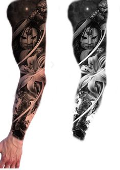 an arm with two different tattoos on it, one is black and the other is white