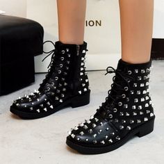 Rivet Black Leather Lace up Fashion Boots on Storenvy Outfit Boots, Punk Boots, Round Toe Heels, Thick Heels, Online Fashion Stores, Leather And Lace, Winter Women, Low Heels, Fashion Boots