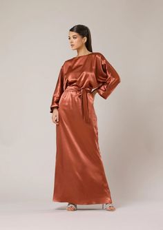 Copper Satin Dress Dolman Sleeve Bridesmaid Summer Dress Party - Etsy Croatia Copper Bridesmaid Dresses, Long Sleeve Maxi Dresses, Copper Dress, Bridesmaid Satin, Beach Bridesmaid Dresses, Summer Bridesmaid Dresses, Long Sleeve Dress Formal, Silky Dress, Summer Wedding Dress