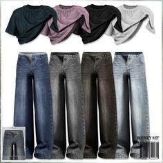 four pairs of jeans with different colors and sizes are shown in the image, including one pair