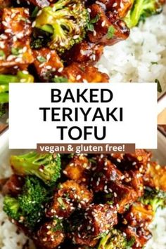 baked teriyaki tofu with white rice and broccoli in a bowl