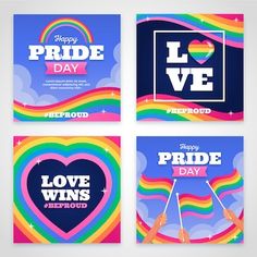 four different cards with the words pride day and rainbows on them, one is holding a