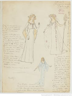 two drawings of women in gowns, one wearing a veil and the other holding a flower