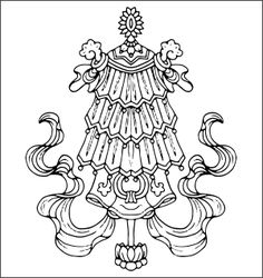 a black and white drawing of a christmas tree with swirly ornaments on the top