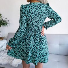 Leopard Print Pleated Dress - Green,L Flirty Dresses, Mini Dresses For Women, Weave Style, Self Design, Design Fabric, Mini Cocktail Dress, Versatile Dresses, Elegant Accessories, Long Sleeve Mini