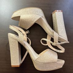 Gold And Glittery, Never Worn, 5 In Heel Height And 1.5 In Platform So You Can Still Walk In Them. Never Worn! Gold Shimmer Heels For Prom, Glamorous Glitter Print Heels For Formal Occasions, Glamorous Champagne Glitter Heels, Shimmer Heels For Formal Parties, Rose Gold Theme, Bow High Heels, Yves Saint Laurent Shoes, Gold Theme, Bride Shoes