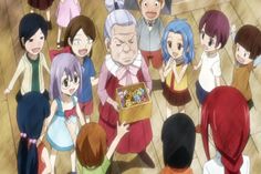 an anime scene with many people standing around and looking at something on the floor in front of them