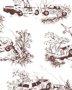 four different drawings of cars and trees