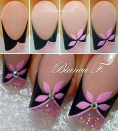 Nagel Tips, Black Nail Art, Flower Nail Art, Gel Nail Designs, Cute Nail Designs, Nail Art Inspiration, Fancy Nails, French Tip Nails, Nail Art Tutorial