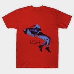 a red t - shirt with an image of a man in the air on it